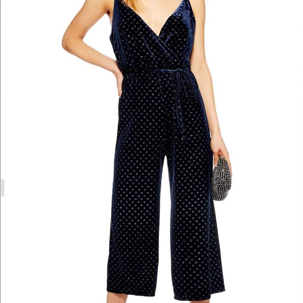 Topshop + Blue + Glitter Spot + Jumpsuit
